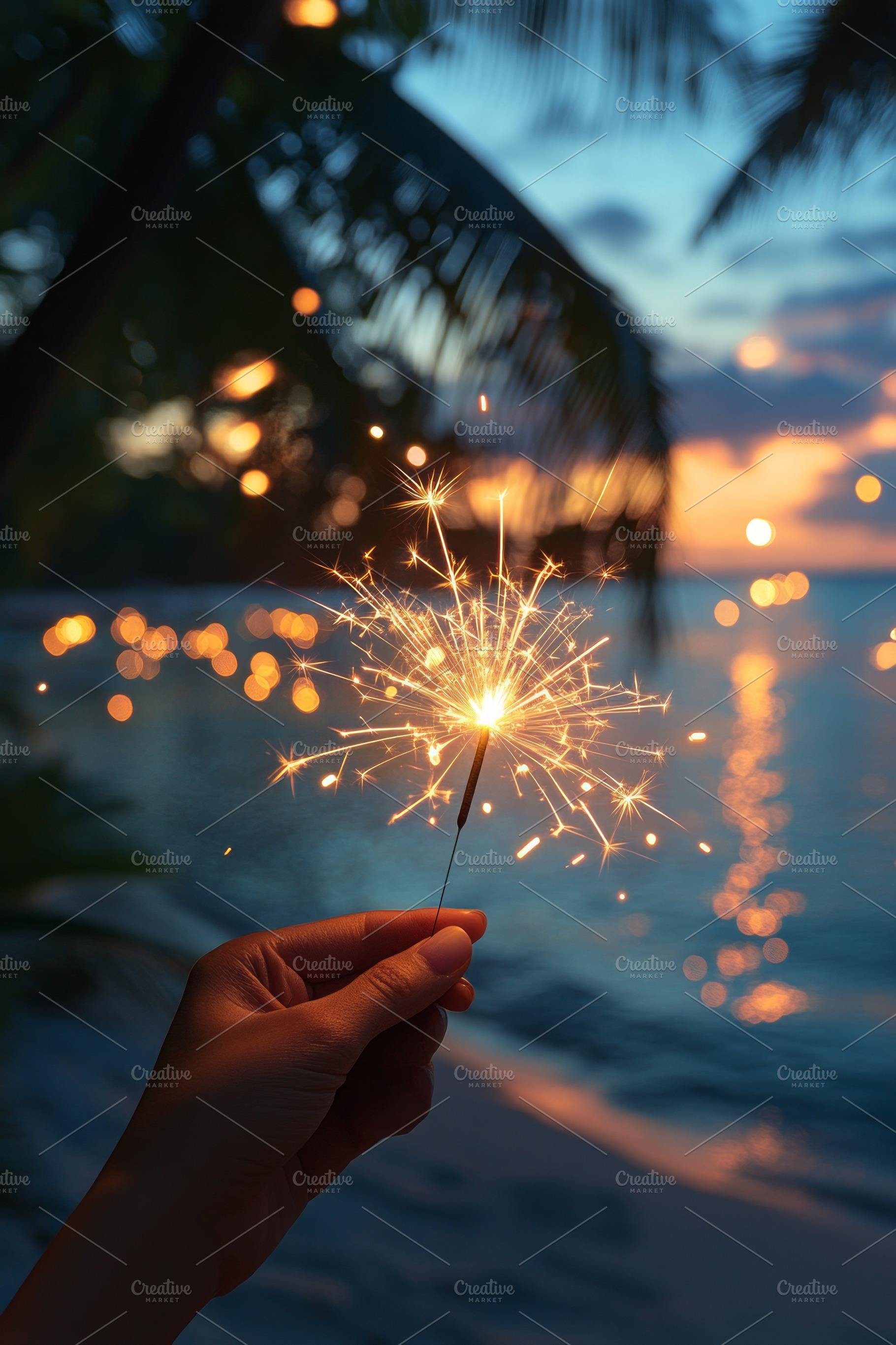A close-up of a hand holding a sparkler at sunset by the beach, creating a magi, a Background Photo by ImageMir