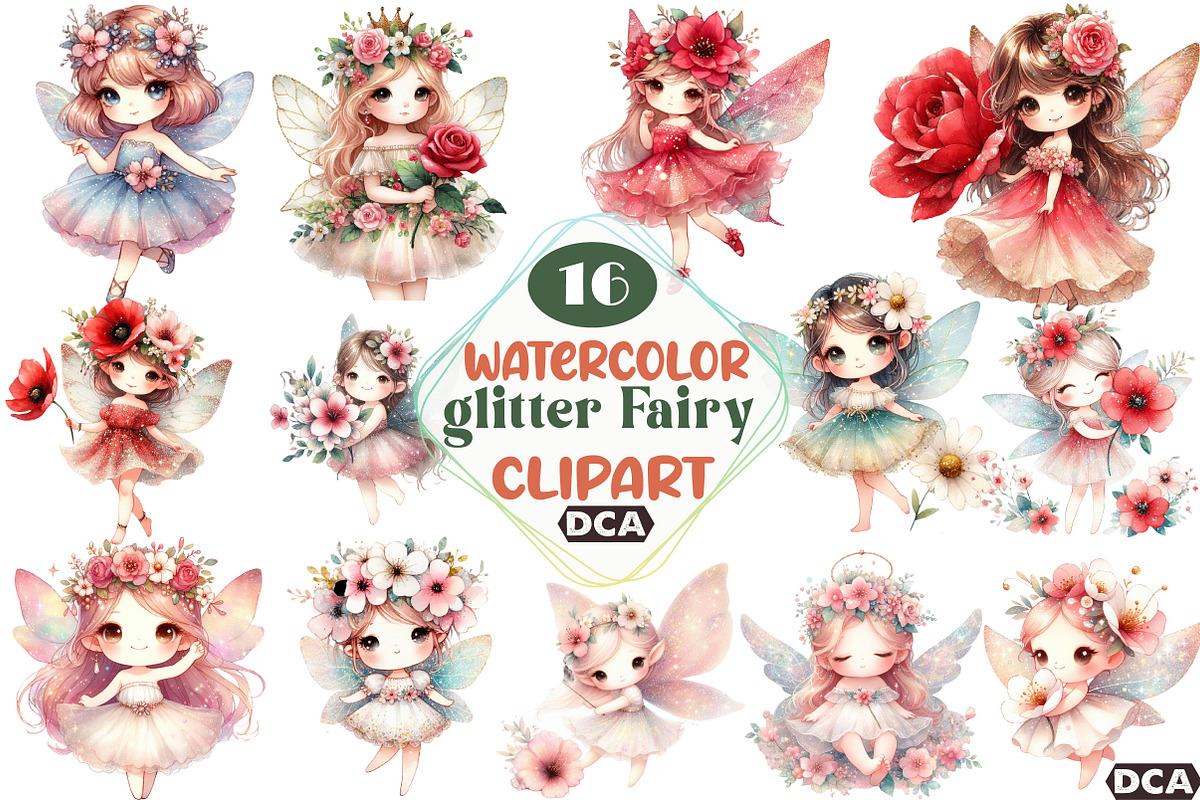 Flower glitter Fairy Clipart, an Illustration by DreamCafeArt (Photo 1 of 7)