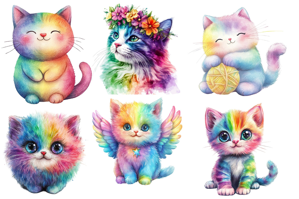 Adorable Rainbow Cute Cat Clipart, an Illustration by Designworld (Photo 2 of 6)