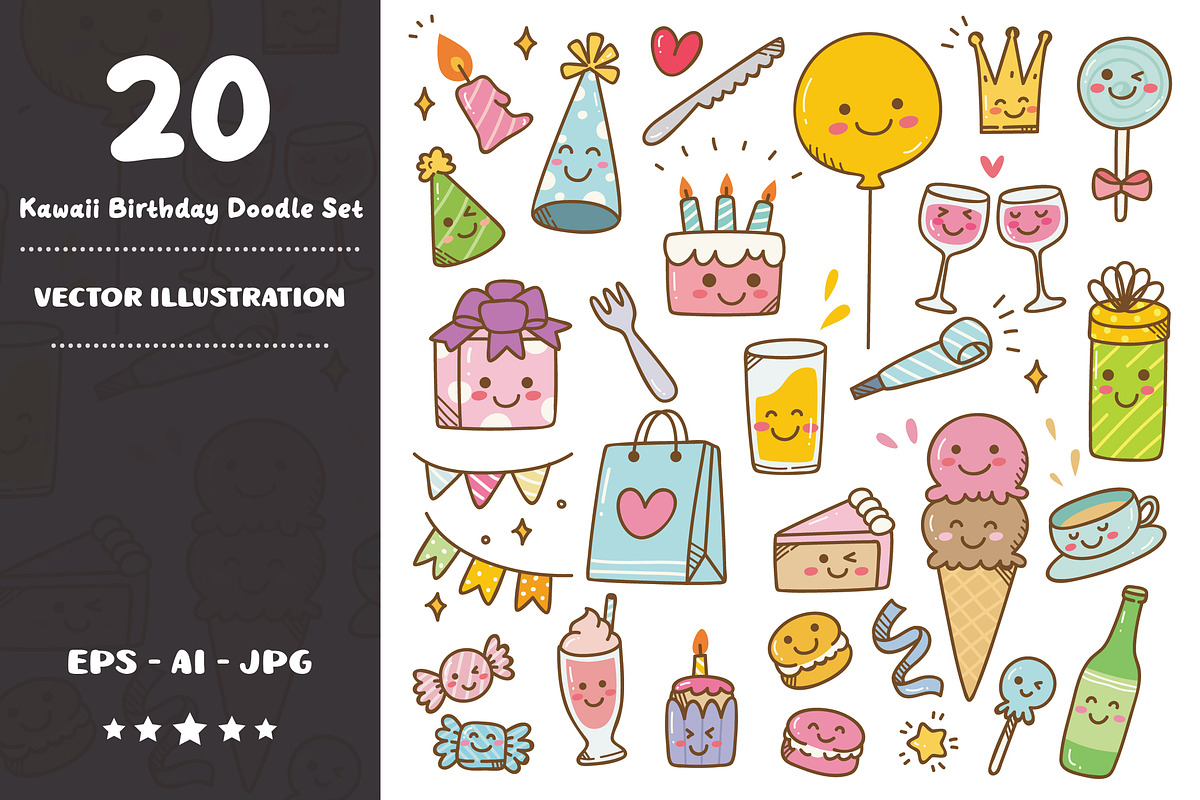 Set of Kawaii Birthday Doodle, an Object Graphic by dudellicious