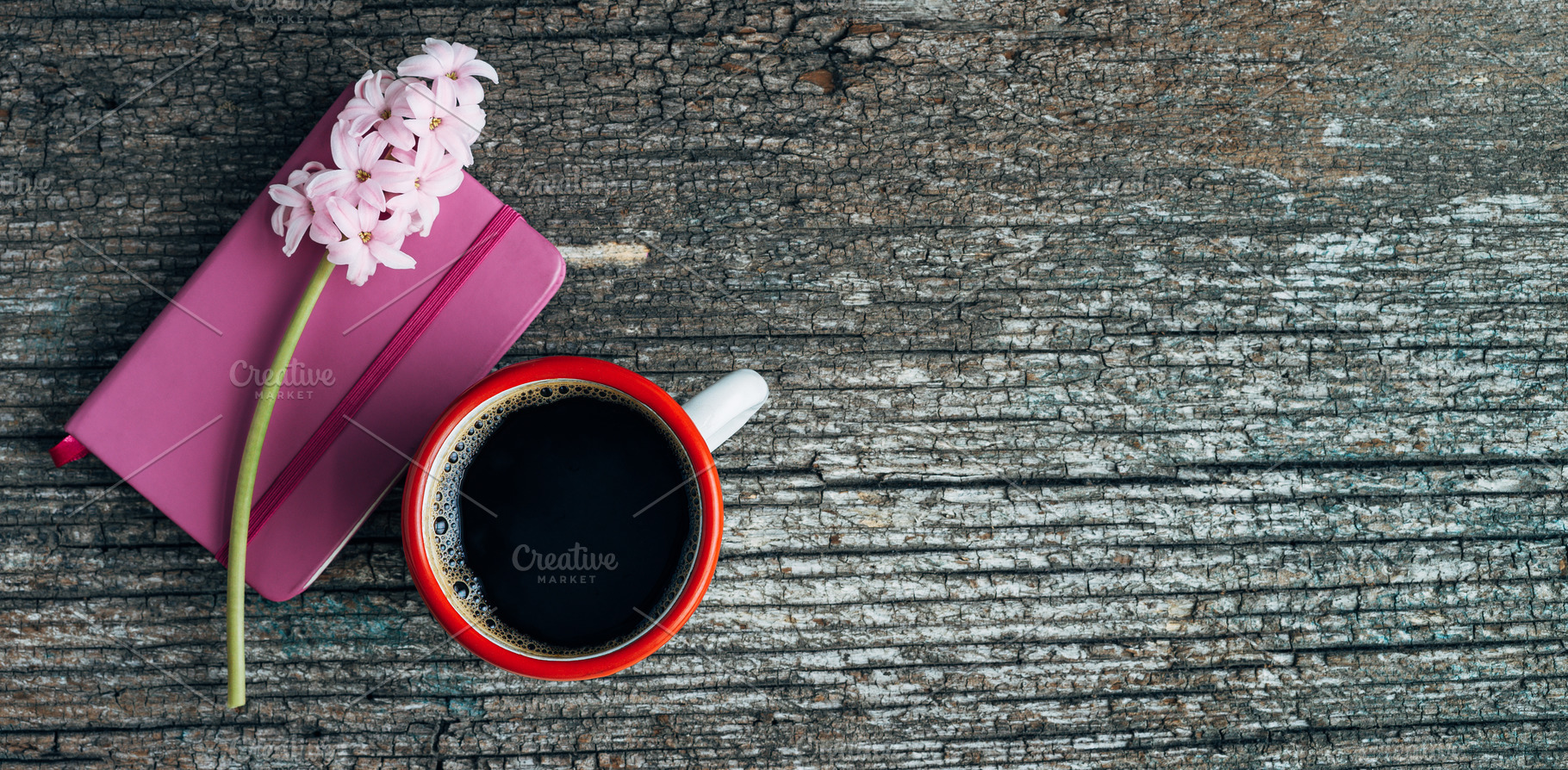 Coffee cup with notebook and hyacint, a Food & Drink Photo by Mineko