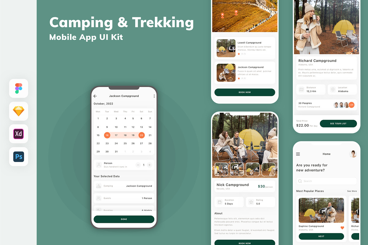 Camping & Trekking Mobile App UI Kit, an UI Kit Template by uicube