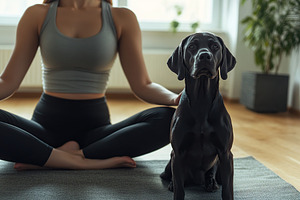 Young woman in yoga position with her dog training at home, a Photo by AlyaAnd