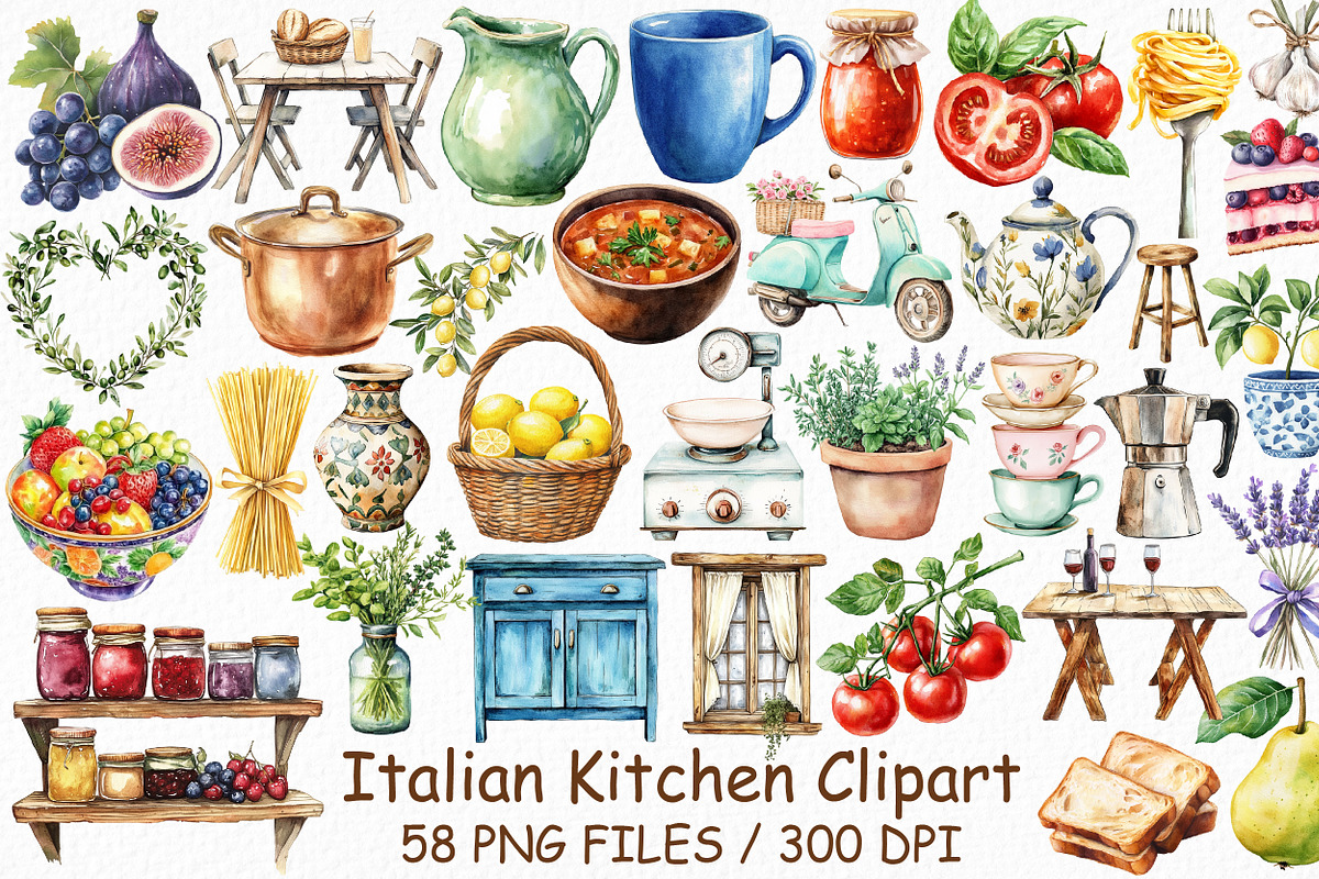 Watercolor Italian Kitchen Clipart, an Illustration by Design Market (Photo 1 of 3)