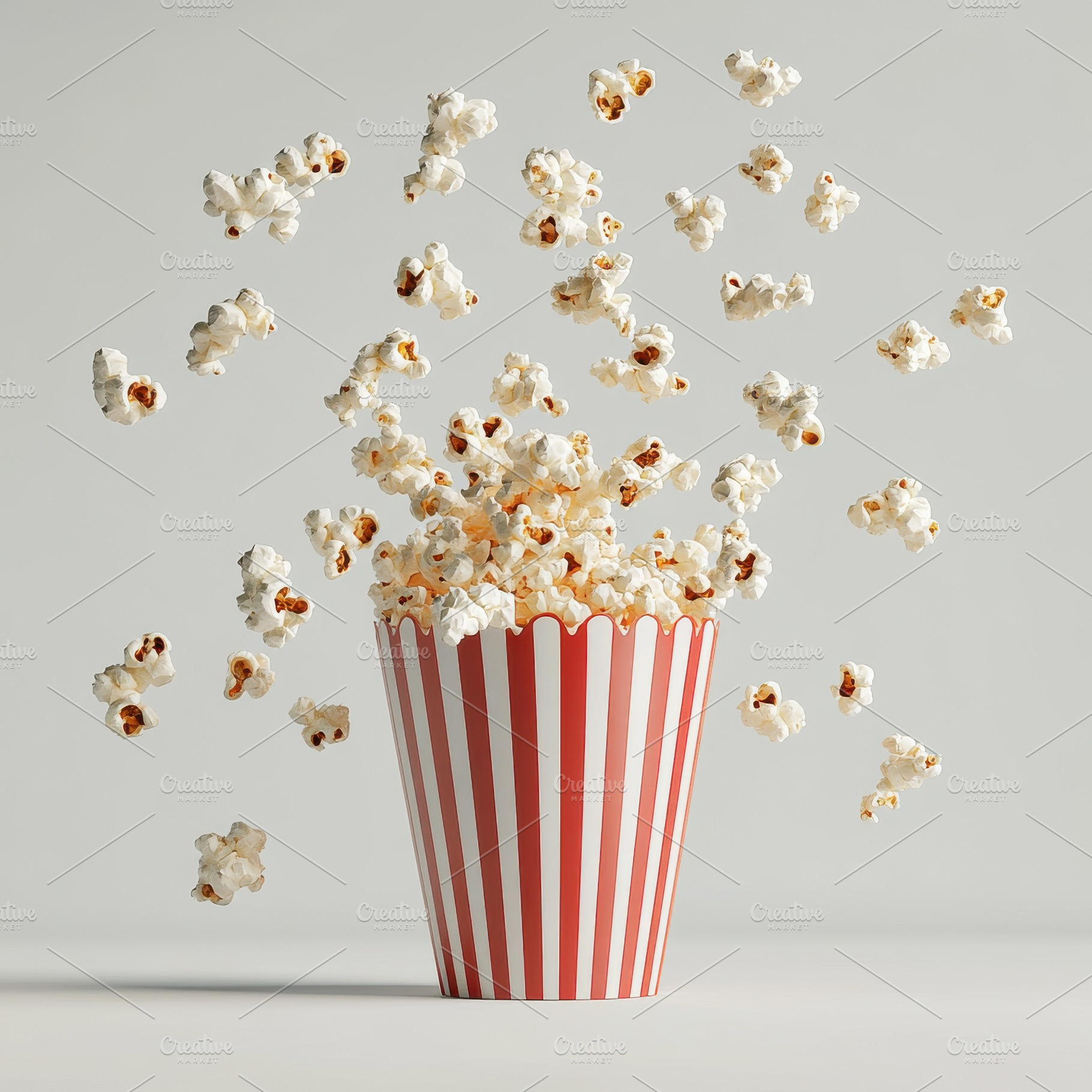 Popcorn flying with striped box, iso, a Food & Drink Photo by Pixeness Studio