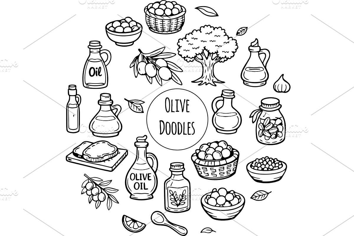 Hand drawn doodles olive branches, a Food Illustration by Voodz_shop