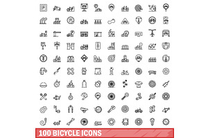 100 bicycle icons set, outline style, a Transportation Illustration by Ylivdesign