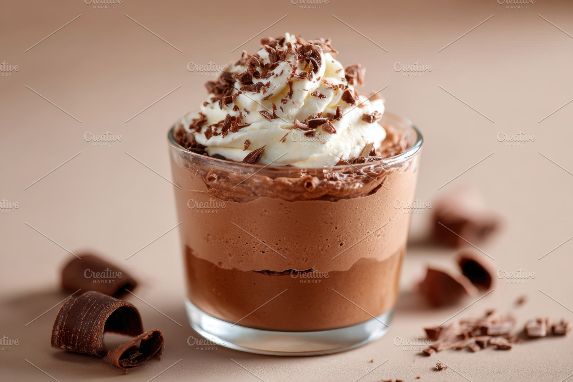 Sweet chocolate mousse with white cream and chocolate shavings, a Food & Drink Photo by AlyaAnd