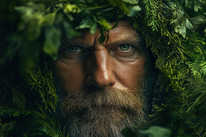 A close-up portrait of a forester man with a thick beard, partially covered in, a Person Photo by Textures & Backgrounds