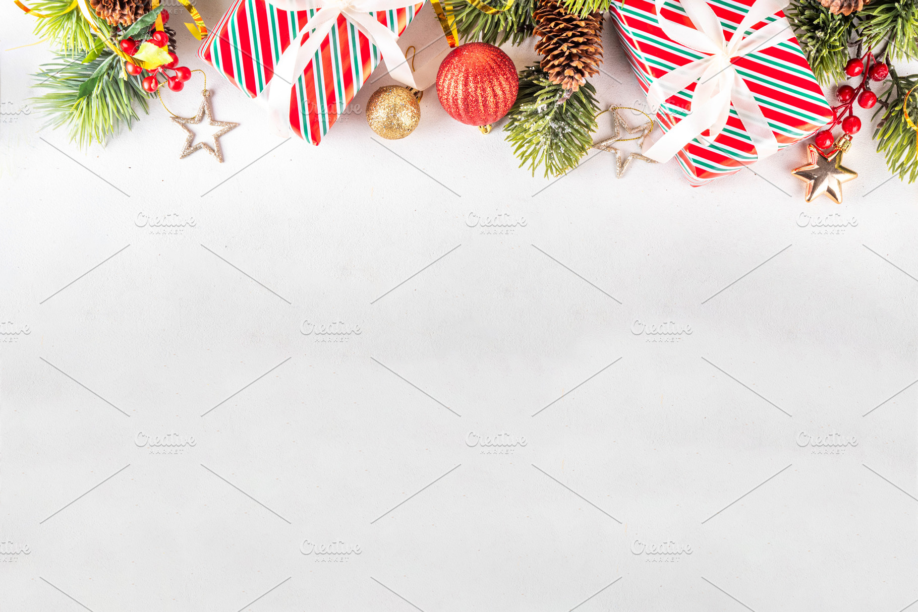 White background with Christmas border with gifts and holiday ba, a Photo by Rimma