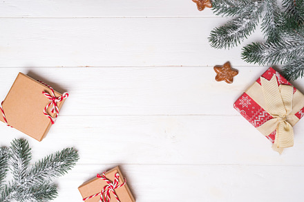 Gift boxes with snow spruce branches stock photo containing xmas and card, a Holiday Photo by YuMyart
