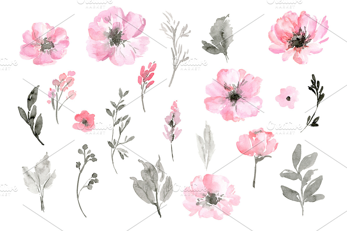 Watercolor Pink Flowers Grey Leaves, a Decorative Illustration by GraphicsDish (Photo 2 of 3)