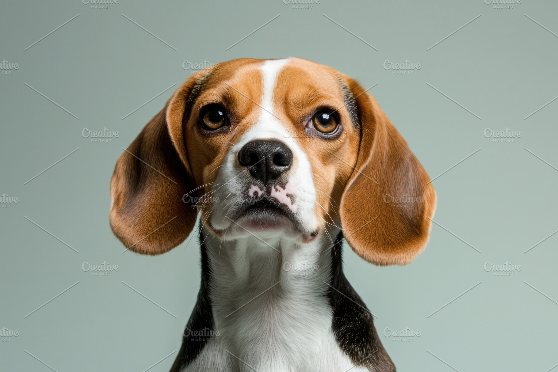 Front facing studio portrait of a tricolor Beagle dog with flopp, an Animal Photo by José Manuel Gelpi