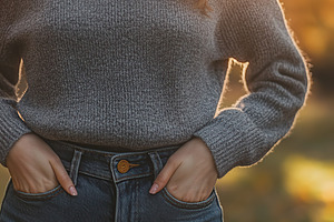 Young woman wearing in grey sweater in autumn park, a Person Photo by AlyaAnd