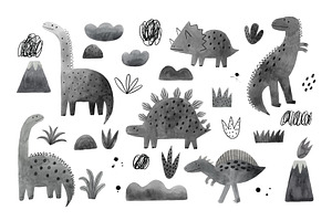 Monochrome Watercolor Dinosaurs