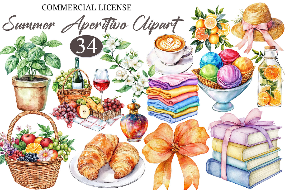 Watercolor Summer Aperitivo Clipart, an Illustration by designcity5 (Photo 1 of 5)