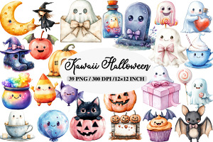 Watercolor Kawaii Halloween Clipart, an Illustration by Daily.Designs