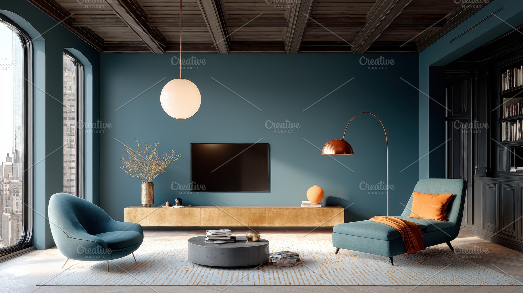 Teal living room modern design luxur, a Photo by Pixeness Studio