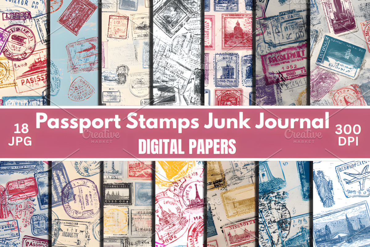 Passport Stamps Digital Paper, a Pattern Graphic by Ink Gallery (Photo 1 of 5)