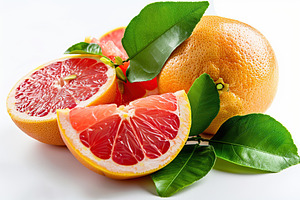 Fresh and tasty grapefruits with green leaves on white background, a Food & Drink Photo by AlyaAnd