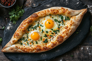 Top view on a georgian khachapuri, a Food & Drink Photo by MistyDay