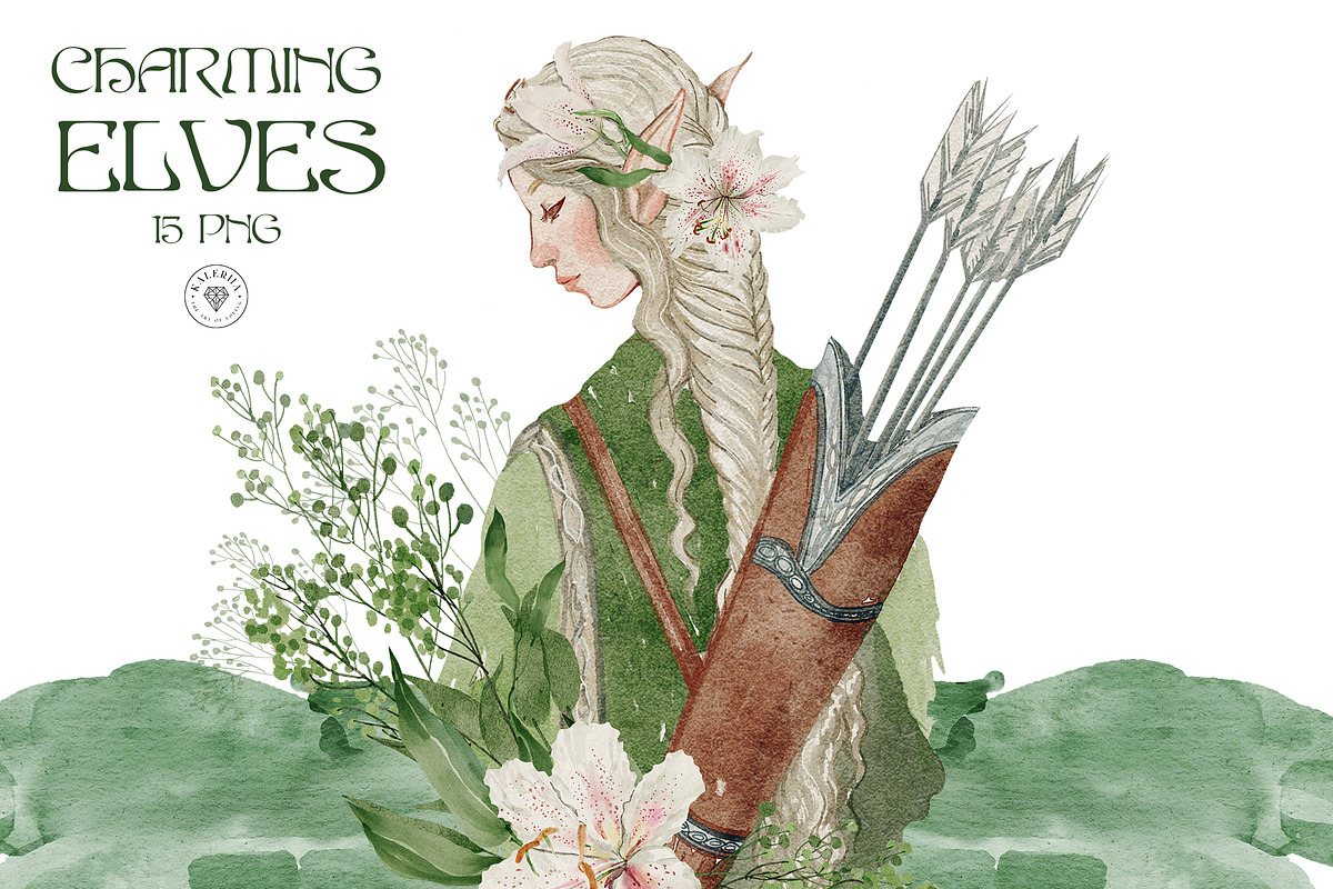 Watercolor Elf & Flowers Set, a Texture Illustration by Kaleriia (Photo 2 of 10)