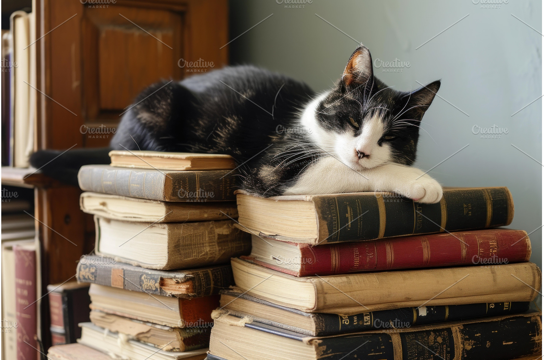 Relaxing cat on a pile of vintage, an Animal Photo by Ylivdesign