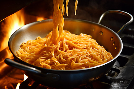 Pot with freshly cooked steaming pasta, a Food & Drink Photo by Natalia Klenova's Shop