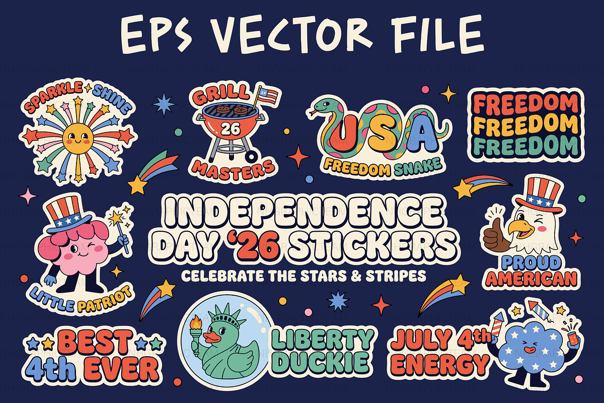 4th of July Retro Sticker Set Pack, an Object Graphic by NH graphic (Photo 1 of 3)