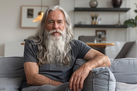 Portrait of mature man with long grey hair sitting on sofa at home, a Person Photo by AlyaAnd