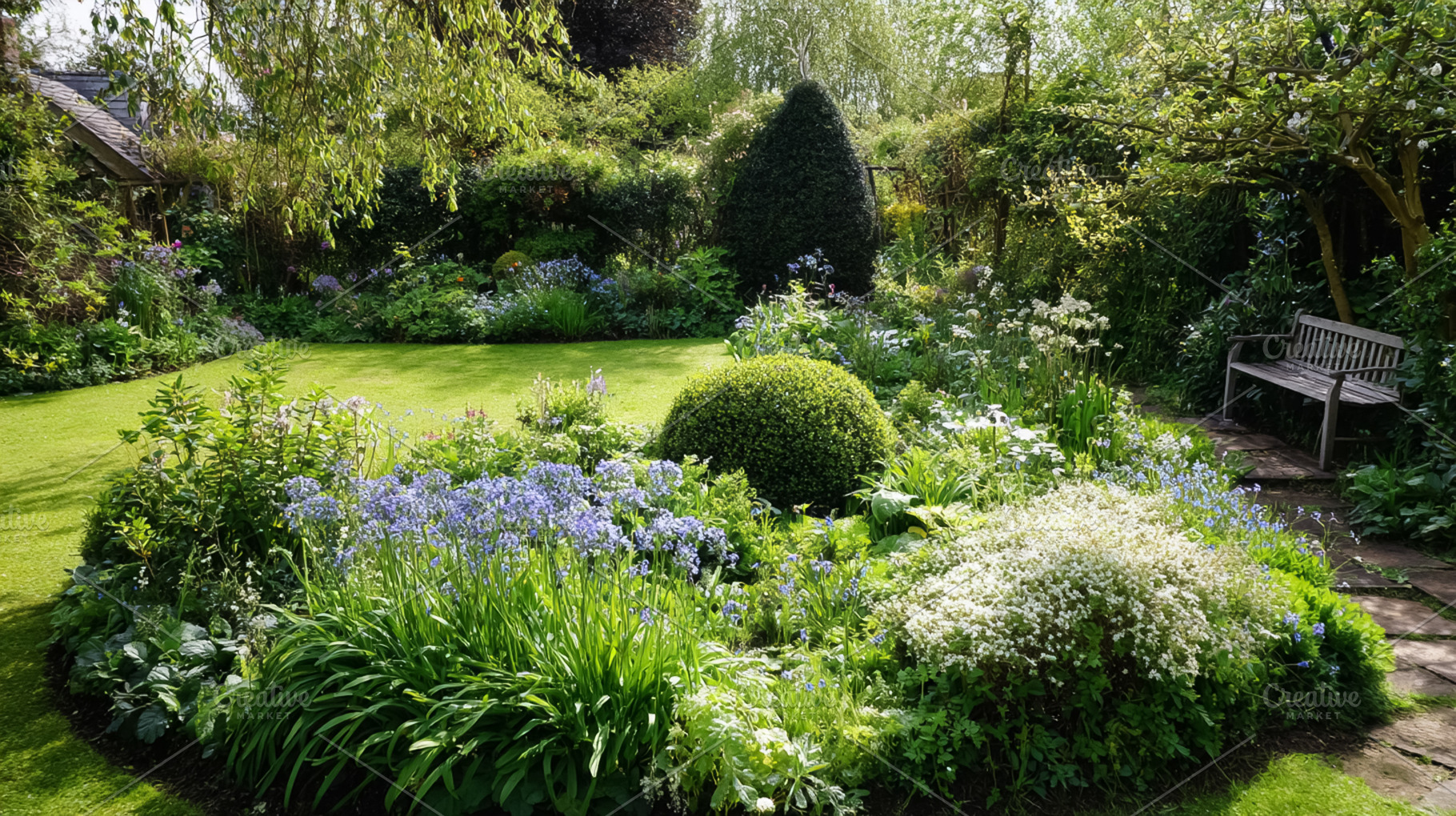 English cottage garden blooming with flowers, lush shrubs, and a, a Photo by Studio ANNA