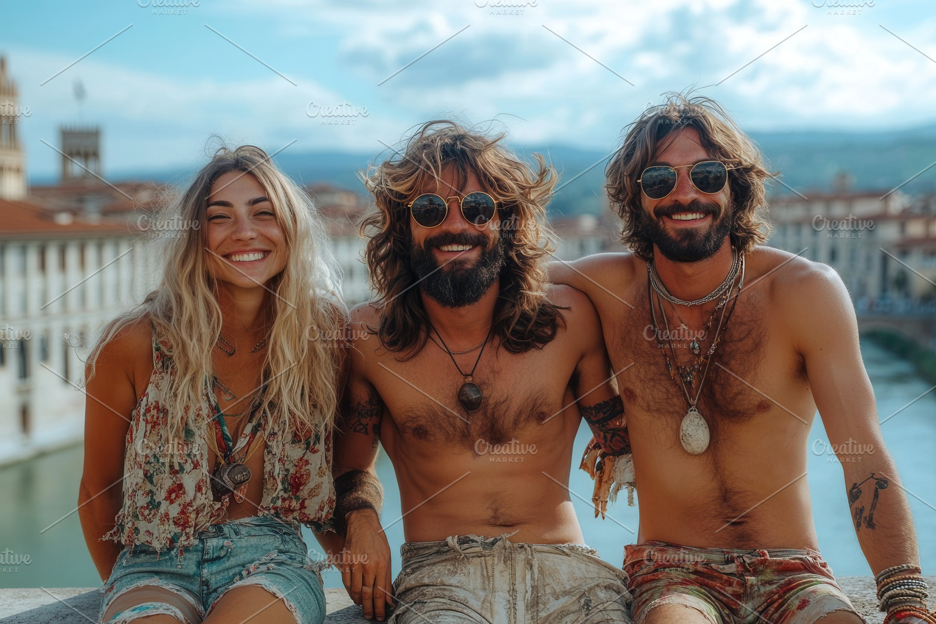 Friends enjoying a sunny day by the, a Photo by Tanuart