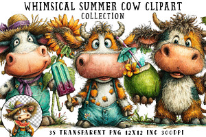 Whimsical Summer Cow Clipart, an Illustration by OK Design