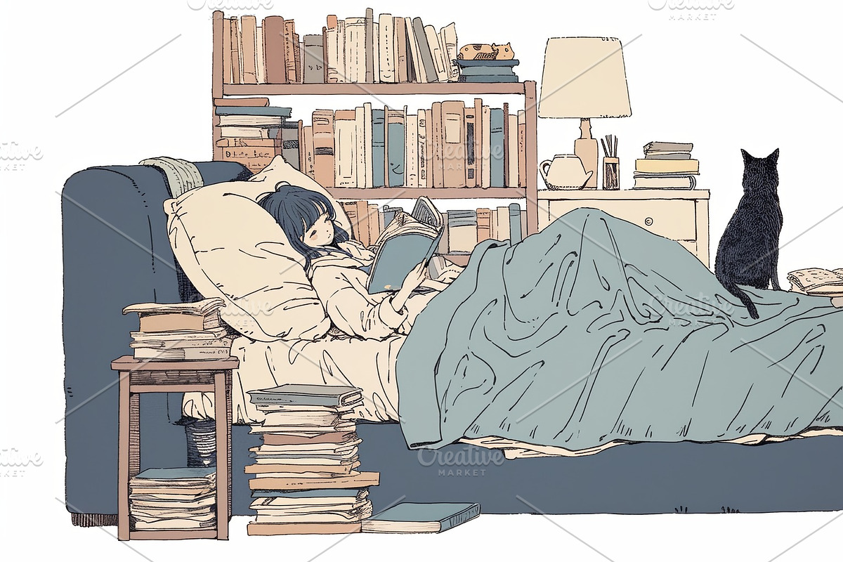Young woman relaxing in bed with book and surrounded by cozy decor, an Illustration by AS photostudio