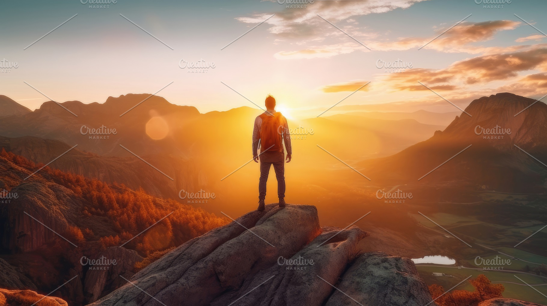 Adventurous Man Standing on Mountain Top at Sunset, Overlooking Valley, a Photo by AS photostudio