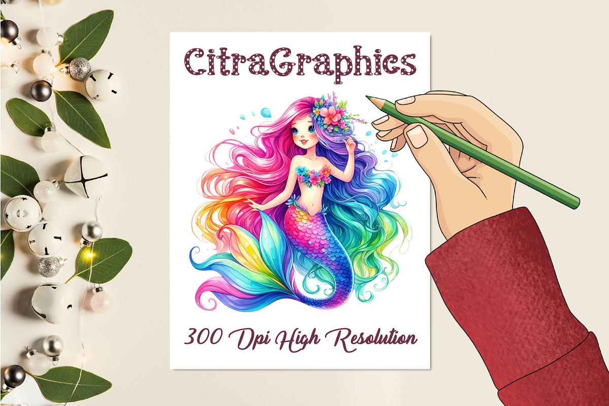 Watercolor Cute Mermaid Clipart, an Illustration by CitraGraphics (Photo 2 of 6)