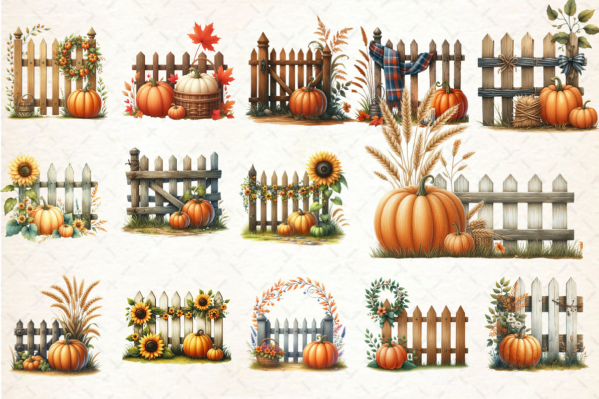 Watercolor Fall Pumpkin Fence Clipar, an Illustration by Rose Art (Photo 2 of 7)