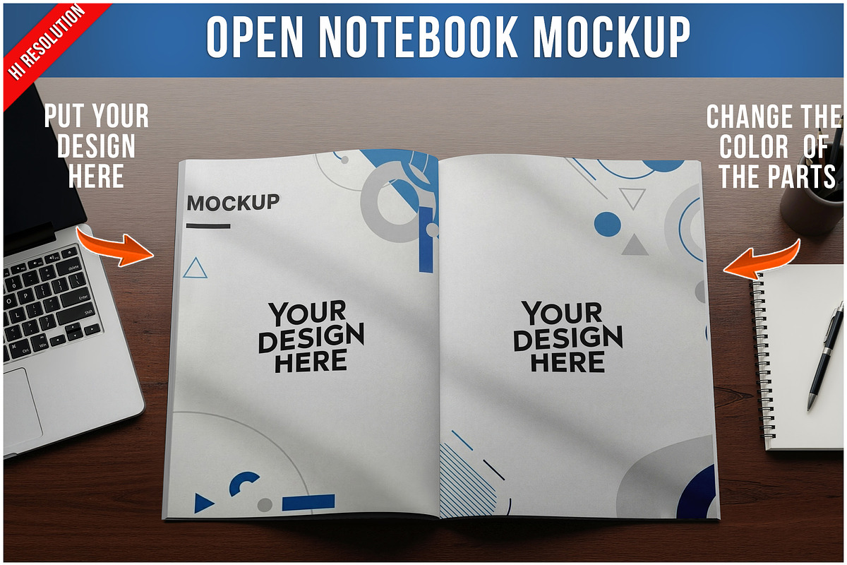 Open Notebook On Wooden Desk PSD, a Product Mockup by Bruno's Shop (Photo 1 of 4)