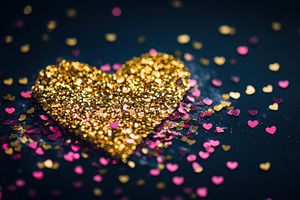Golden heart with shimmering confett, a Photo by Tanuart