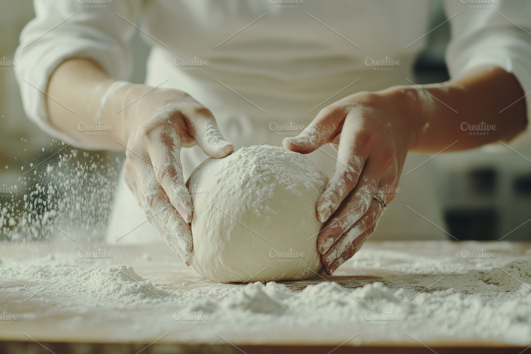 Baker kneads dough on a floured surface in a bright kitchen, a Photo by AlyaAnd
