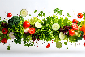 Flying vegetables with cucumbers tomatoes peppers and fresh lett, a Food & Drink Photo by GoodGoods