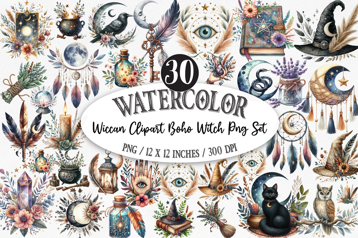 Wiccan Clipart Boho Witch Png Set, an Illustration by Designking (Photo 1 of 5)
