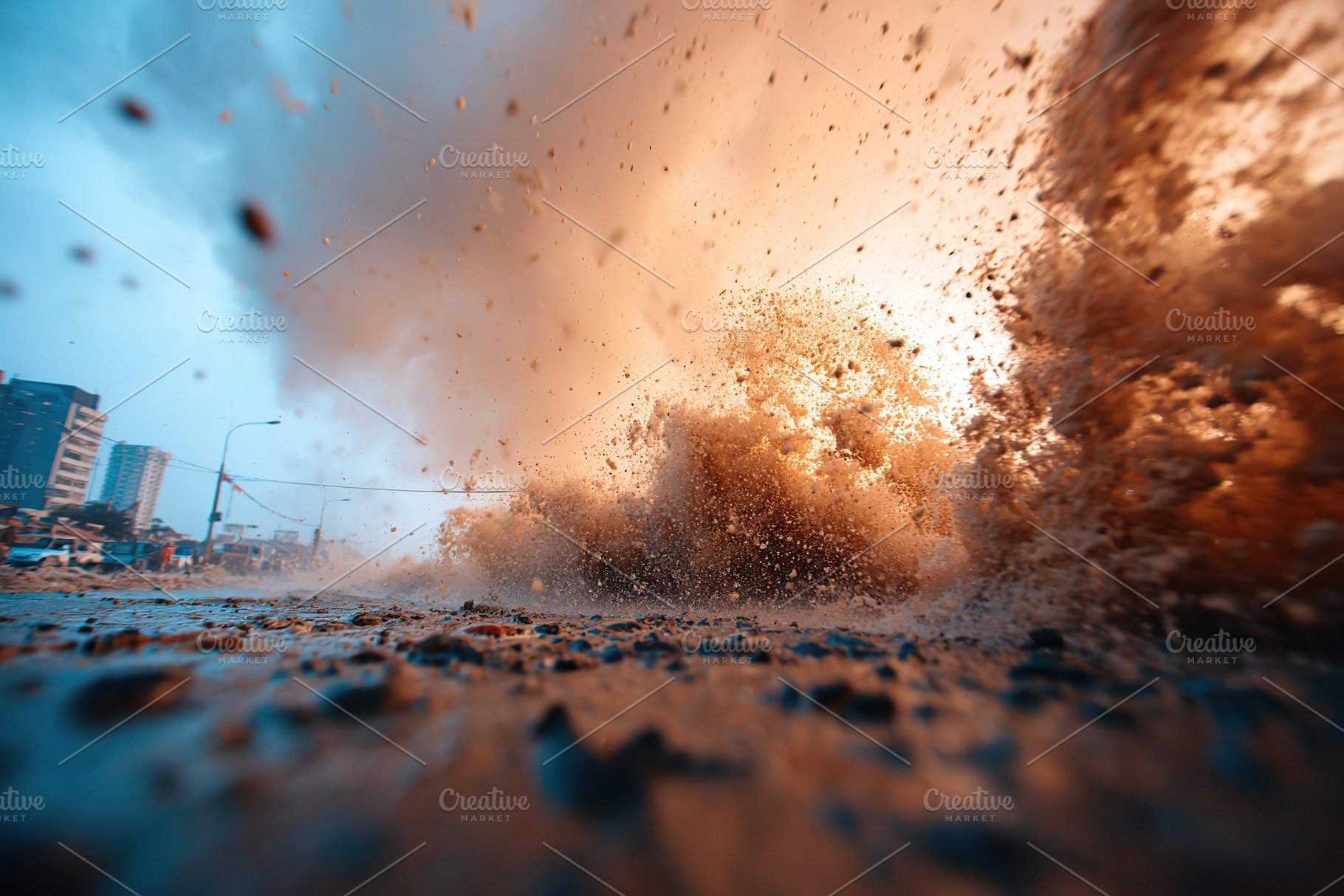 Waves crash violently against the shore during a powerful hurricane in an urban, a Photo by AlyaAnd