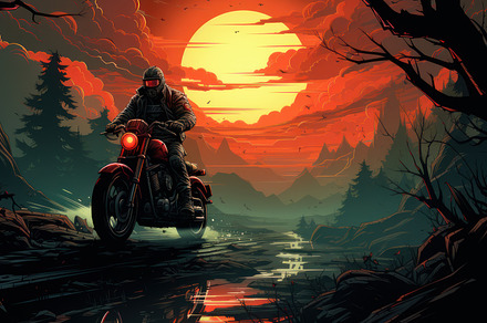 biker on a motorcycle rides off into the sunset, a Photo by Pictures for you!!!!!!!!!