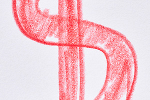 On white paper, a close-up of a dollar sign drawn in red pencil,, an Abstract Photo by ndanko
