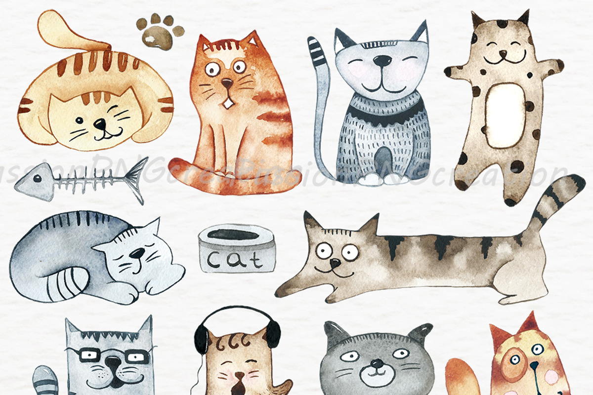 Watercolor funny Cats Clipart, an Animal Illustration by PassionPNGcreation