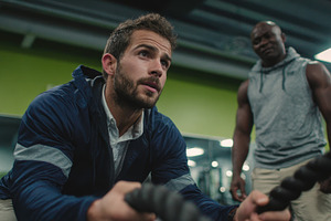 Man exercising with battle ropes gym, a Photo by Pixeness Studio