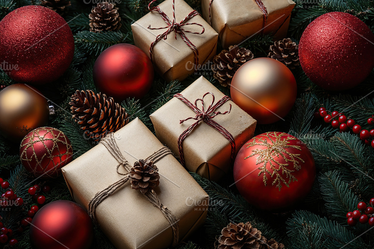 Christmas gift boxes with decorations and ornaments. Generative AI, a Holiday Photo by OSORIOartist (Photo 1 of 2)