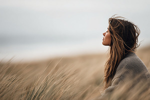 Peaceful woman sitting in tall grass, a Person Photo by MistyDay