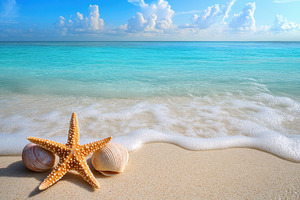 Starfish and seashells on a sandy be, a Photo by Pixeness Studio